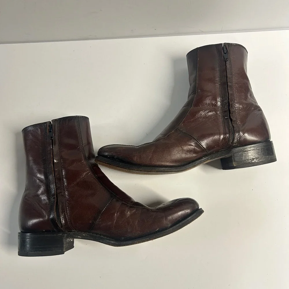 Florsheim Leather Side Zip Ankle Boots Brown Mens 8 D Square Toe 11087-05 Dress